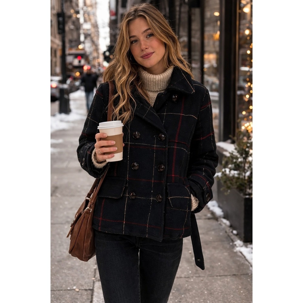 American Eagle Outfitters Navy Plaid Double-Breasted Peacoat